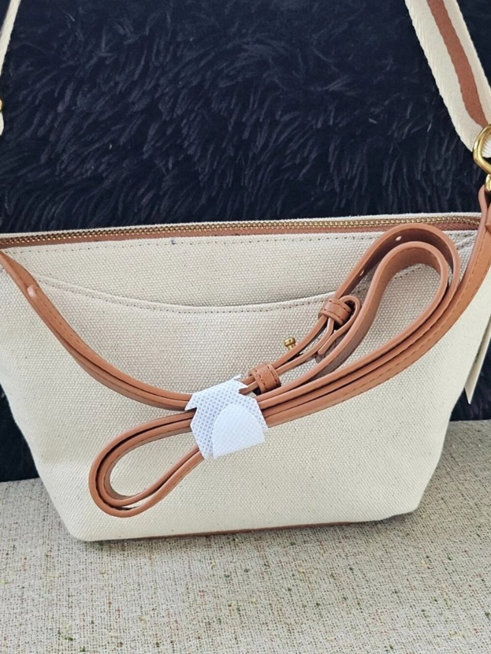 Free Assembly Women Bag Crossbody Double Strap Beige Cavas Purse Bag NWT - Picture 4 of 9
